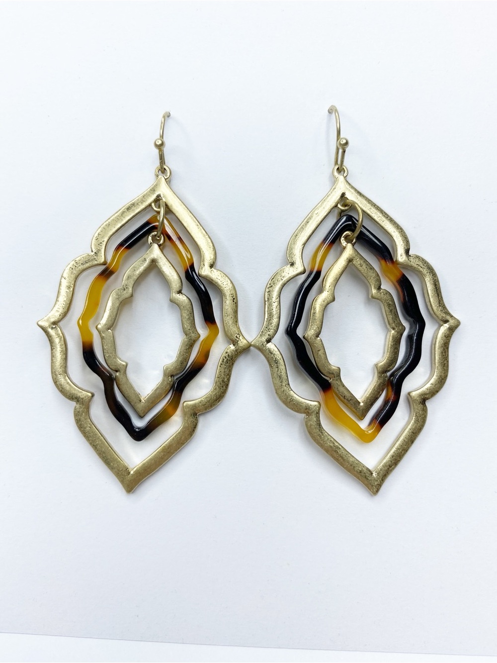Boho Tortoise Shell Moroccan Cutout Drop Earrings Gold Tone